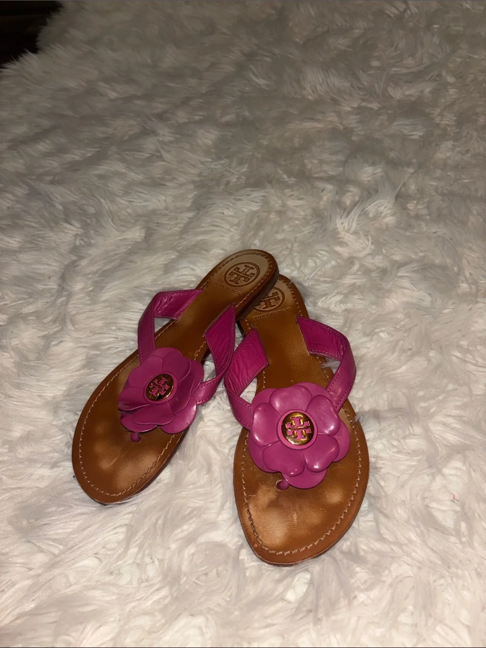 Tory Burch Fuchsia Floral Leather Thong Sandals